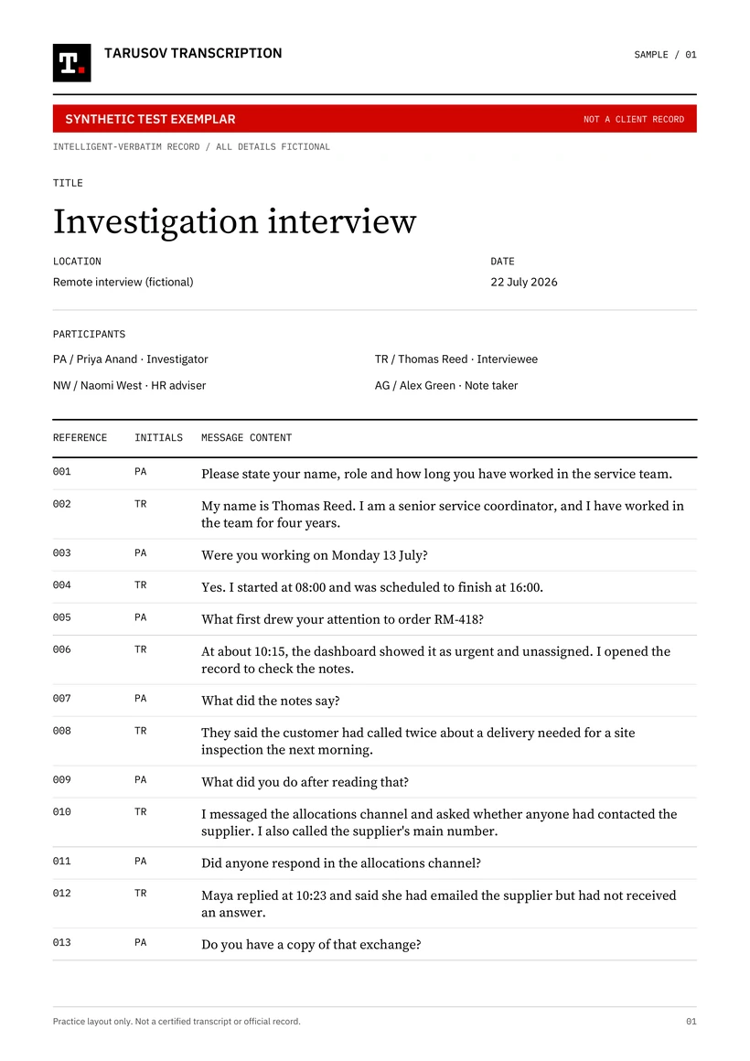 First page of the fictional investigation interview