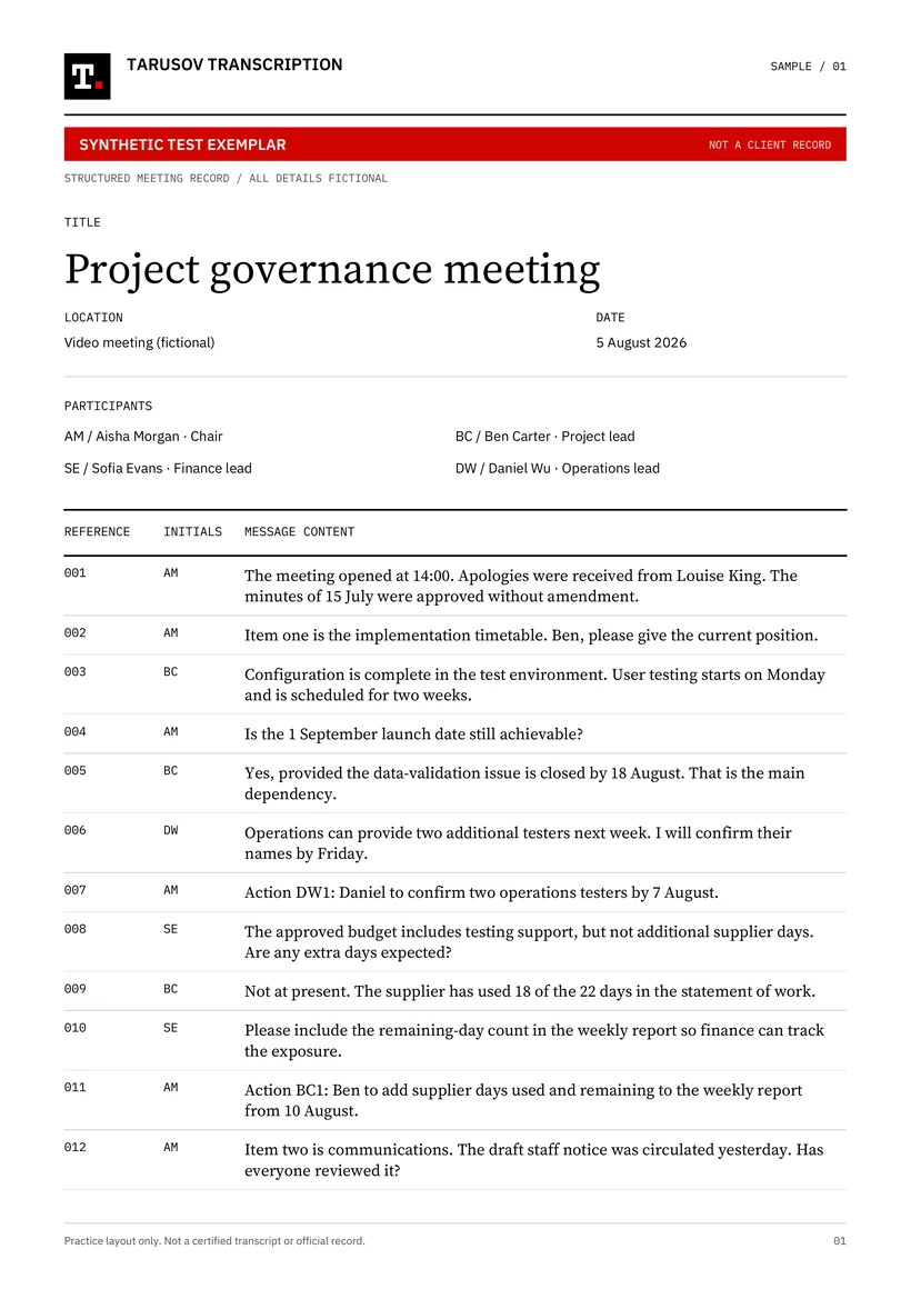 First page of the fictional structured meeting record
