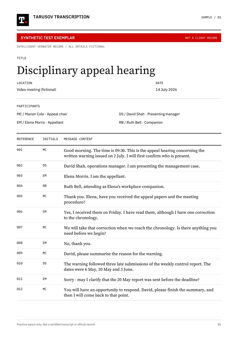 First page of the fictional proceedings transcript